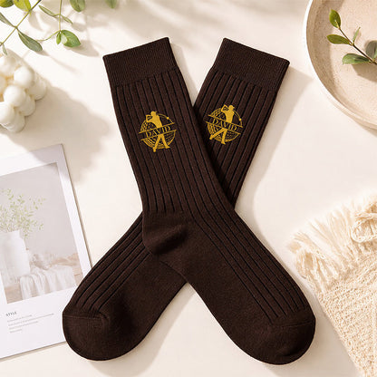 Personalized Embroidered Socks, Dark Brown & Gold Golfer Mid-Swing Design, Unique Gift for Golfers