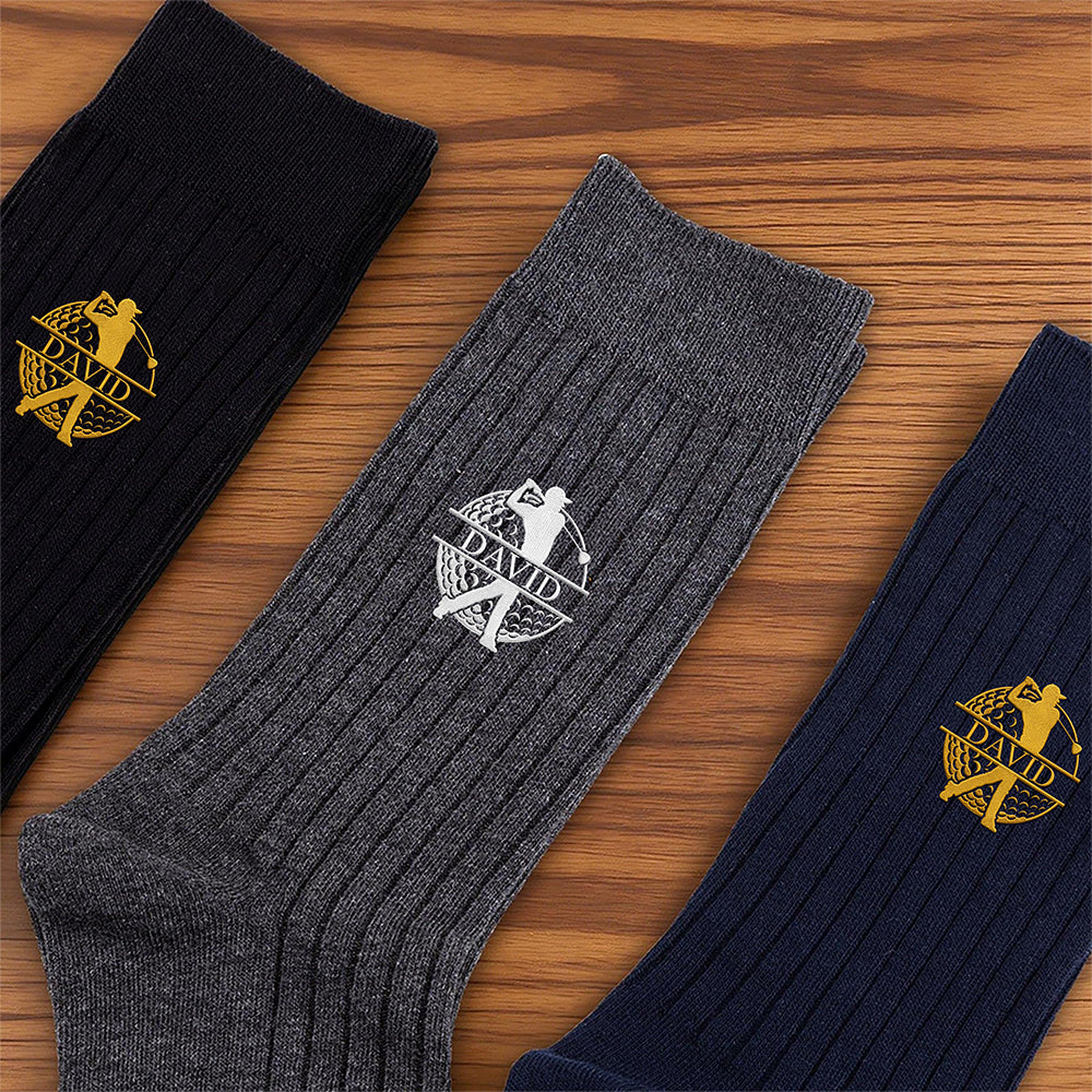 Personalized Embroidered Socks, Dark Brown & Gold Golfer Mid-Swing Design, Unique Gift for Golfers