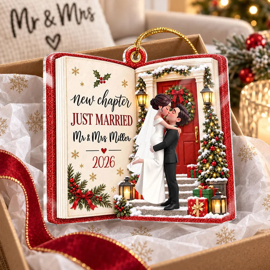 Personalized Acrylic Ornament, Kissing Newlyweds at a Snowy Door, Unique Christmas Gift for a Couple