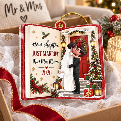 Personalized Acrylic Ornament, Kissing Newlyweds at a Snowy Door, Unique Christmas Gift for a Couple