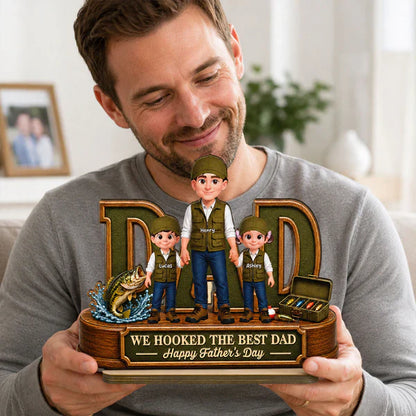 Personalized 2-Layer Wooden Plaque for Fishing Dad, Dad and Kids Holding Hands, Unique Father's Day Gift