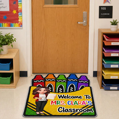 Personalized Shaped Doormat With Crayon Box Art, Cartoon Teacher Holding Notebook, Unique Teacher Gift