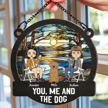You, Me & the Dog Enjoying a Forest Sunset - Custom Wood & Acrylic Ornament, Perfect for Dog Lovers’ Birthdays or Holiday or valentine's day Gifts