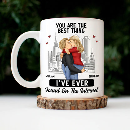 White Ceramic Mug with Couple Hug Design, Cityscape Background, Romantic Vibe, Perfect Gift for Lovers