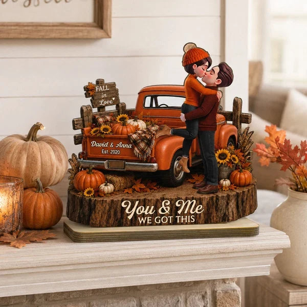 Personalized 2-Layer Wooden Plaque, Kissing Couple by a Warm Orange Fall Pickup, Unique Gift for Couples