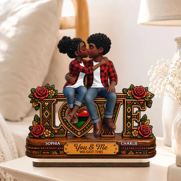 Personalized 2-Layer Wooden Plaque With Kissing Couple & Roses, Unique Gift for Couple