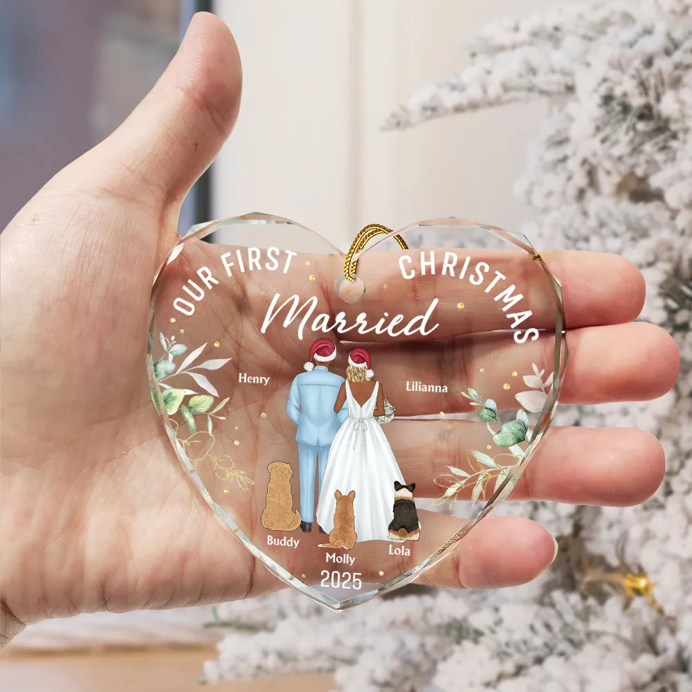Love,Christmas,Gift For Wife,Gift For Husband,Gift For Couples,Wedding,Wedding Anniversary,Married ,Pet Couple - Our First Christmas As Mr & Mrs Wedding Couple Pet - Personalized Heart Shaped Glass Ornament
