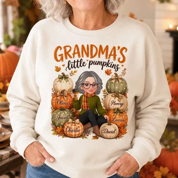 Grandma's Little Pumpkins Sweatshirt, Personalized Cartoon Grandma with Coffee, Creative Family Gift for Grandma