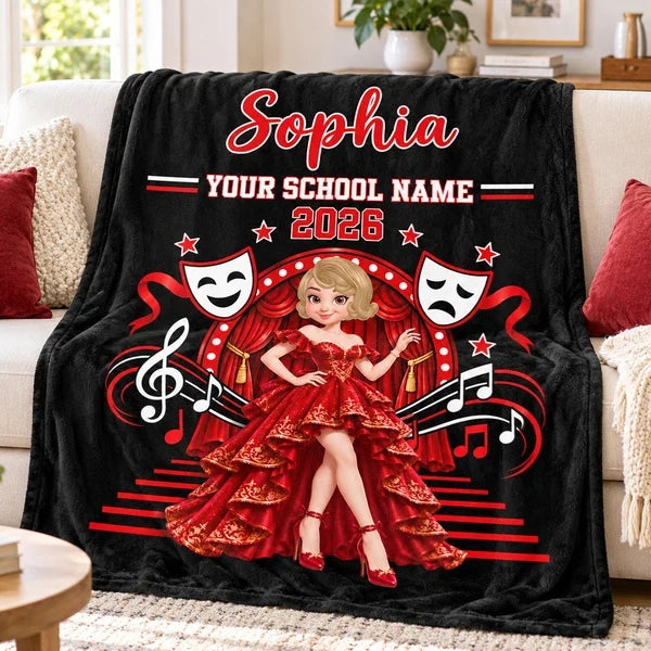 Personalized Fleece Blanket Featuring a Posing Theater Girl on a Red Stage, Unique Gift for Drama Students
