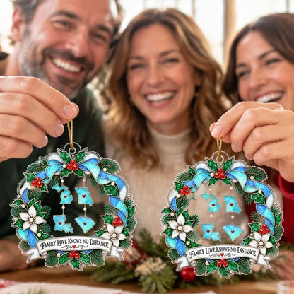 Personalized Acrylic Ornament with State Silhouettes, Blue Christmas Wreath, Unique Gift for Family