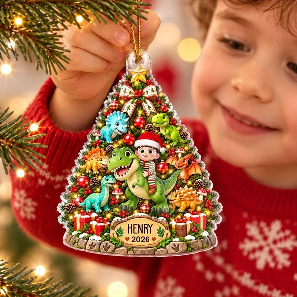 Personalized Acrylic Ornament, Kid Riding a Dinosaur by a Christmas Tree, Unique Gift for Dinosaur Lovers