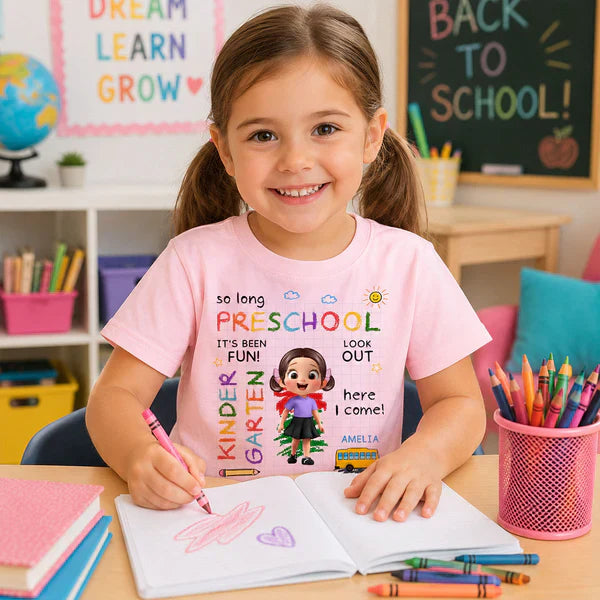 Personalized Youth Tee with Cartoon Kid & School Bus for Back to School, Unique Gift for Kids