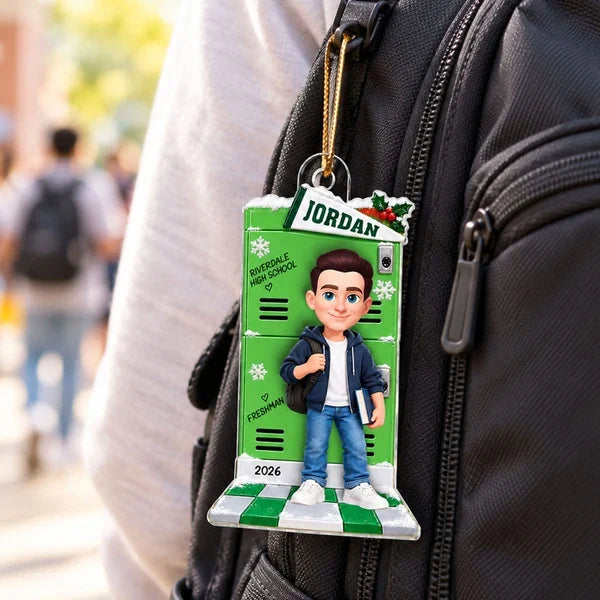 Personalized Acrylic Ornament, Student Holding Books by a Festive School Locker, Unique Christmas Gift for Daughter