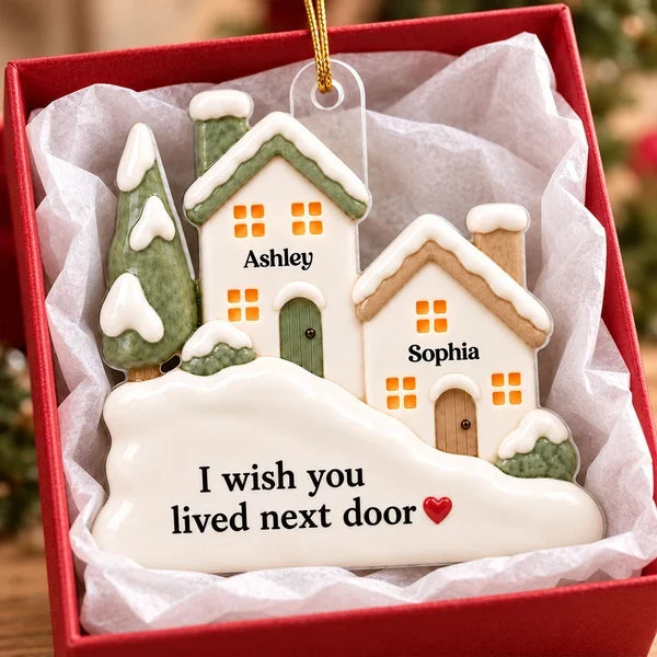 Personalized Acrylic Ornament with Snowy Neighboring Houses, Unique Gift for a Long-Distance Friend