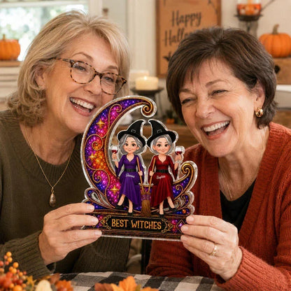 Personalized Shaped Acrylic Block Plaque, Witch Friends on Jeweled Crescent Moon, Unique Gift for Friend