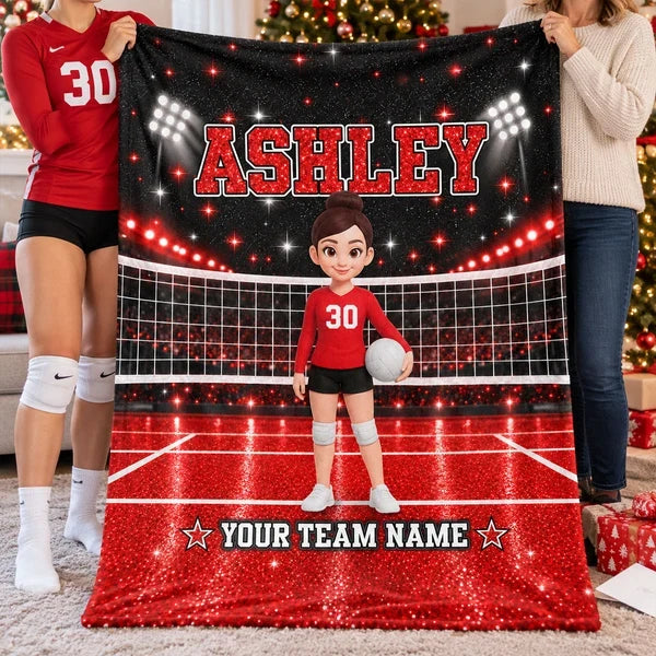 Personalized Fleece Blanket, Girl Volleyball Player on Red Court, Unique Gift for Daughter and Young Athlete