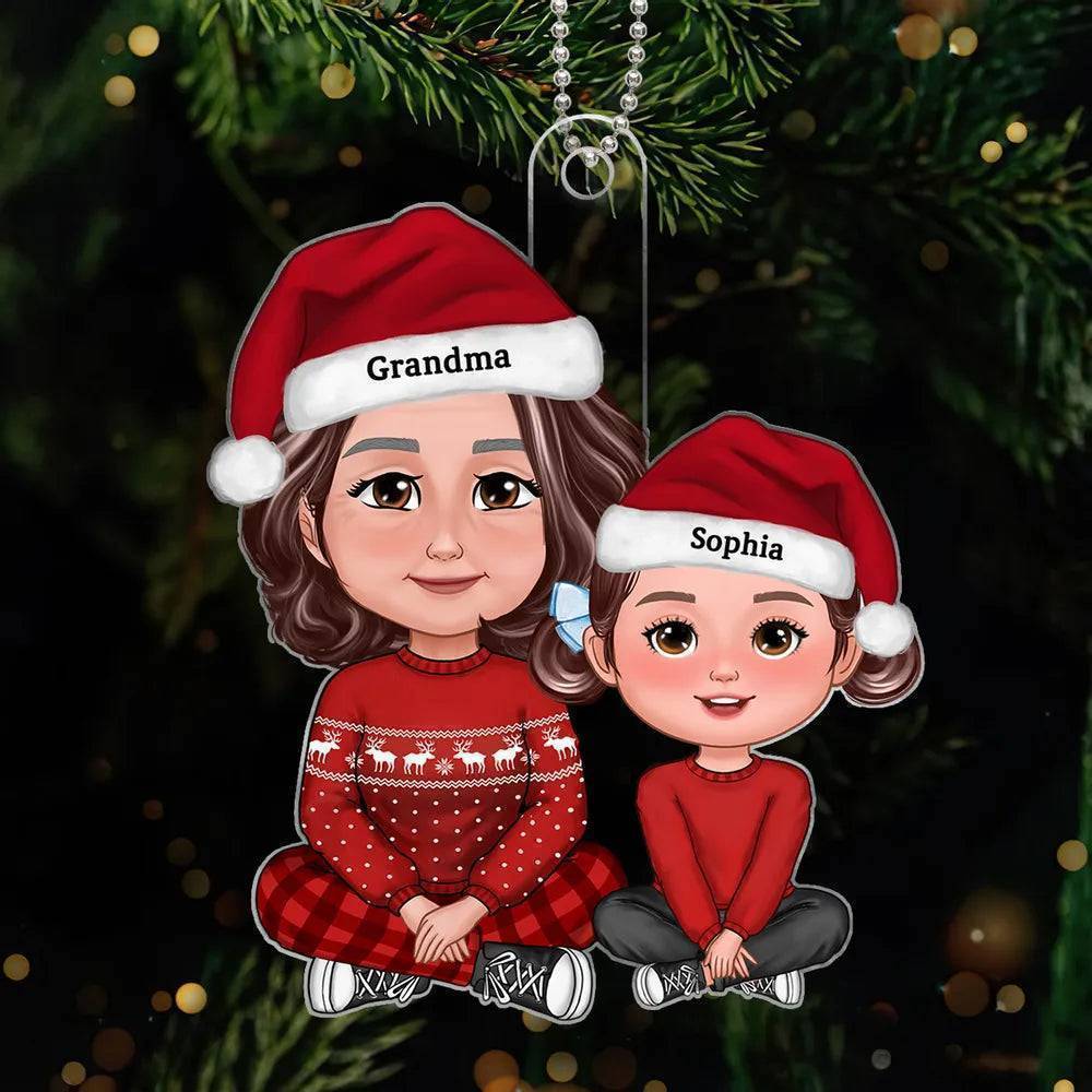 Cute Grandma Granddaughter Grandson Crossed Leg Personalized Acrylic Ornament With Stainless Steel Ball Chain