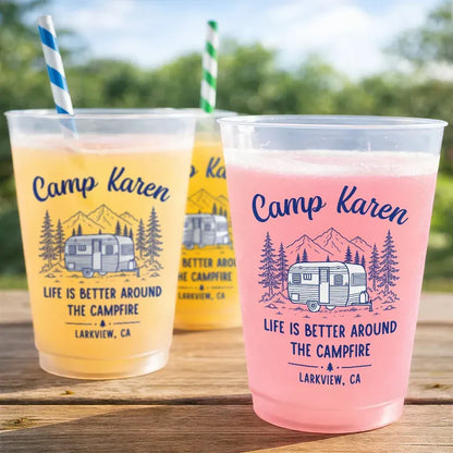 Personalized Frosted Plastic Cup with Camper & Campfire Quote, Unique Gift for Camping Fans