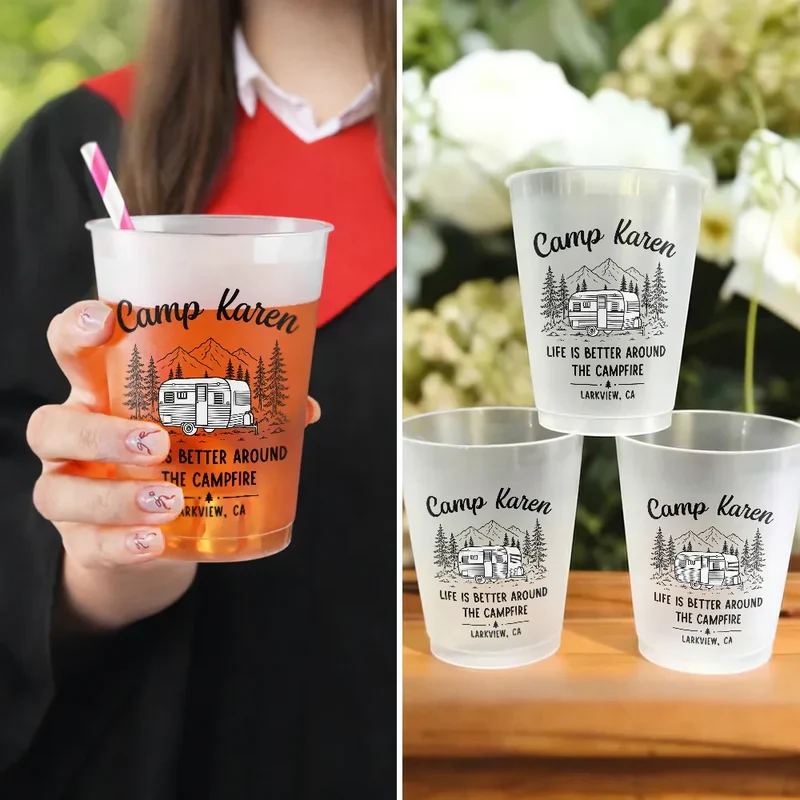 Personalized Frosted Plastic Cup with Camper & Campfire Quote, Unique Gift for Camping Fans