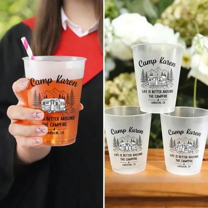 Personalized Frosted Plastic Cup with Camper & Campfire Quote, Unique Gift for Camping Fans