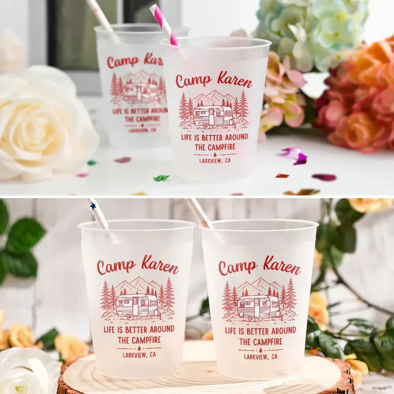 Personalized Frosted Plastic Cup with Camper & Campfire Quote, Unique Gift for Camping Fans