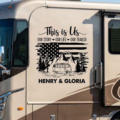 Personalized USA Flag RV Decal, This Is Us Custom Camper Sticker, American Camping Gift for Couples