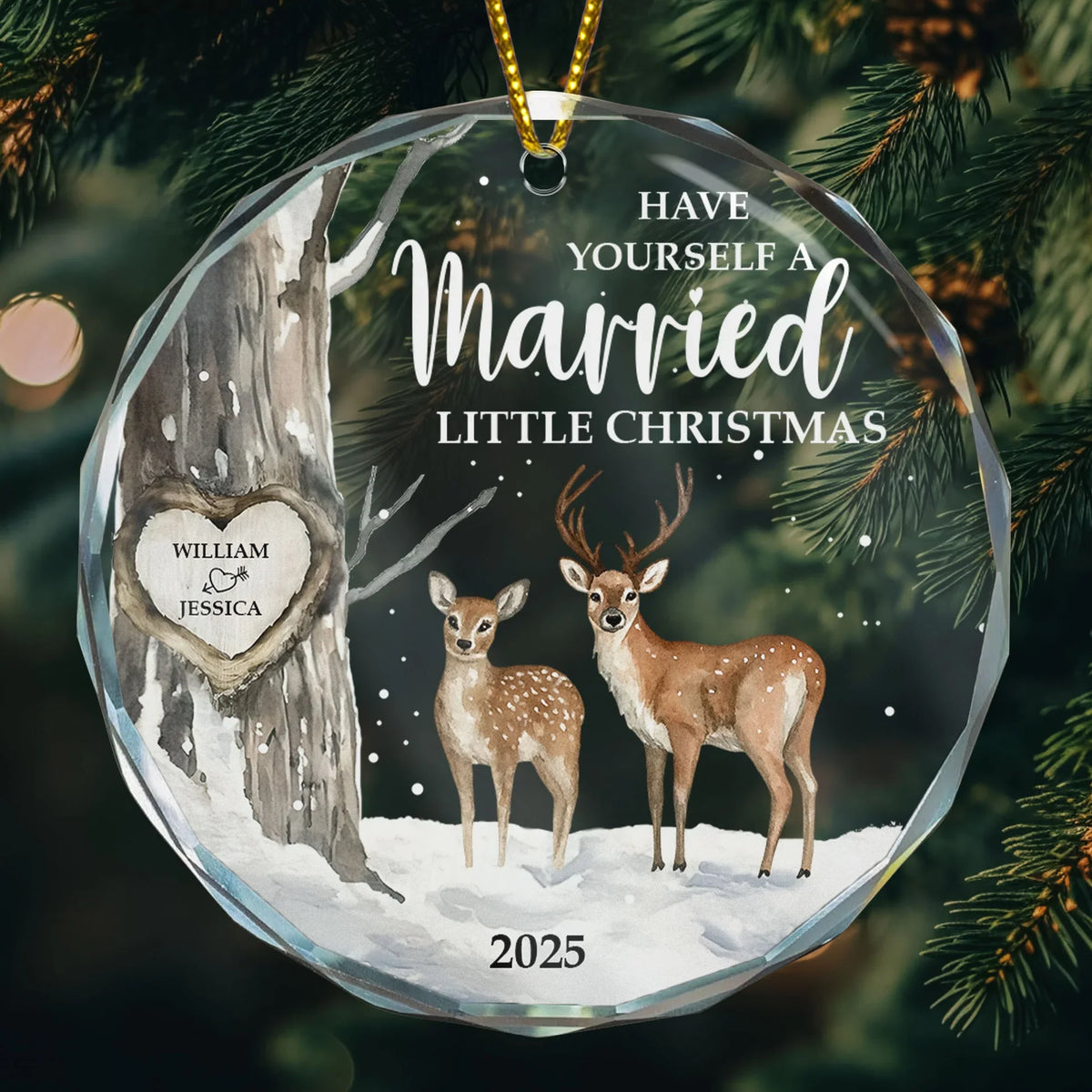 Crystal Ornament with Deer in Snowy Forest, Married Christmas Theme, Heartfelt Holiday Decoration, Perfect Gift for Couples