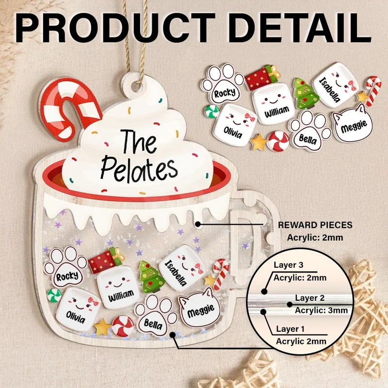 Personalized Acrylic Shaker Ornament, Cocoa Mug Family Design for a Christmas Tree, Unique Gift for Families