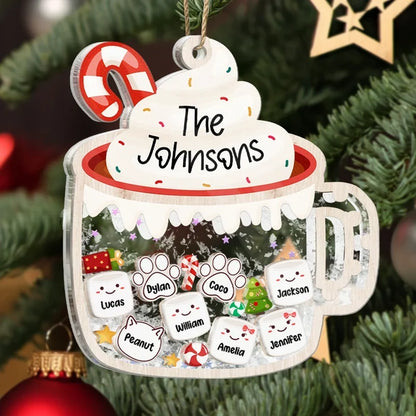 Personalized Acrylic Shaker Ornament, Cocoa Mug Family Design for a Christmas Tree, Unique Gift for Families
