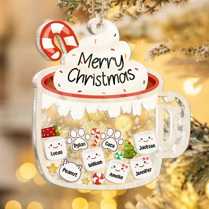 Personalized Acrylic Shaker Ornament, Cocoa Mug Family Design for a Christmas Tree, Unique Gift for Families
