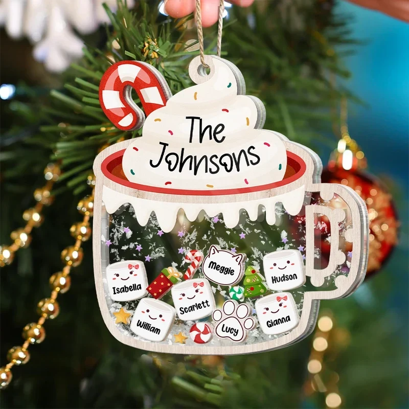 Personalized Acrylic Shaker Ornament, Cocoa Mug Family Design for a Christmas Tree, Unique Gift for Families