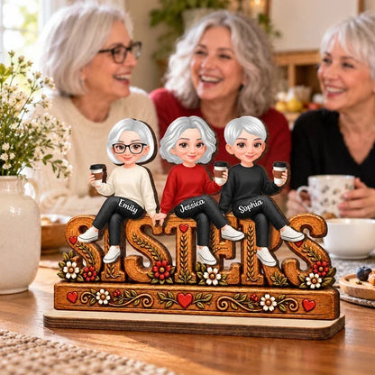 Personalized Wooden Plaque, Sisters Sitting Together with Coffee, Rustic Floral Unique Gift for Sister
