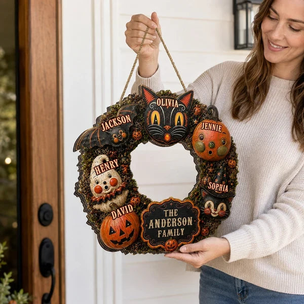 Personalized Wooden Sign, Custom Family Black Cat and Pumpkin Halloween Front Door Decor, Unique Gift for Families