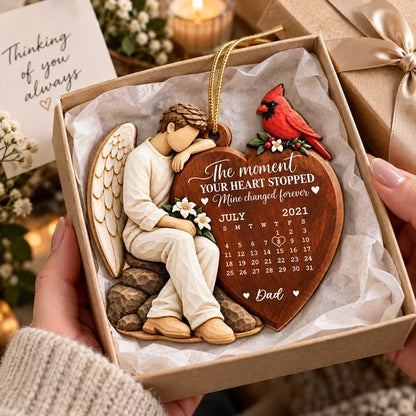 Personalized Wooden Ornament with Seated Angel and Cardinal, Unique Memorial Gift Honoring Mom