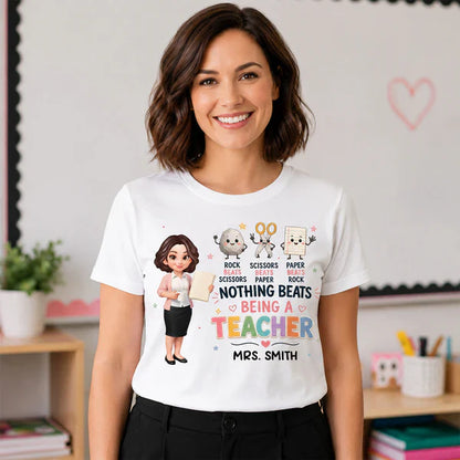 Personalized Classic Tee with Standing Teacher & Rock Paper Scissors Art, Unique Gift for Teachers