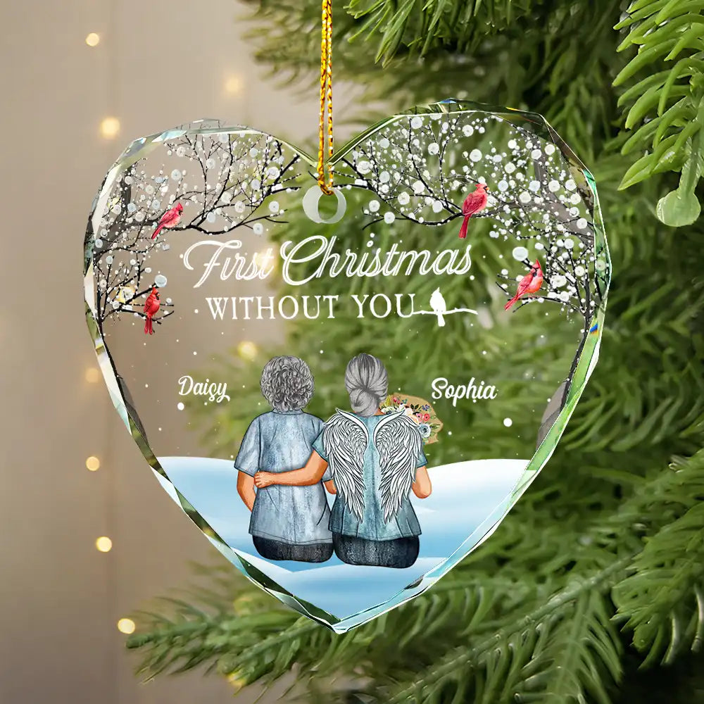 Christmas,Gift For Couples,Memorial,Gift For Husband,Gift For Wife,Love - Memorial First Christmas Without You - Personalized Heart Shaped Glass Ornament