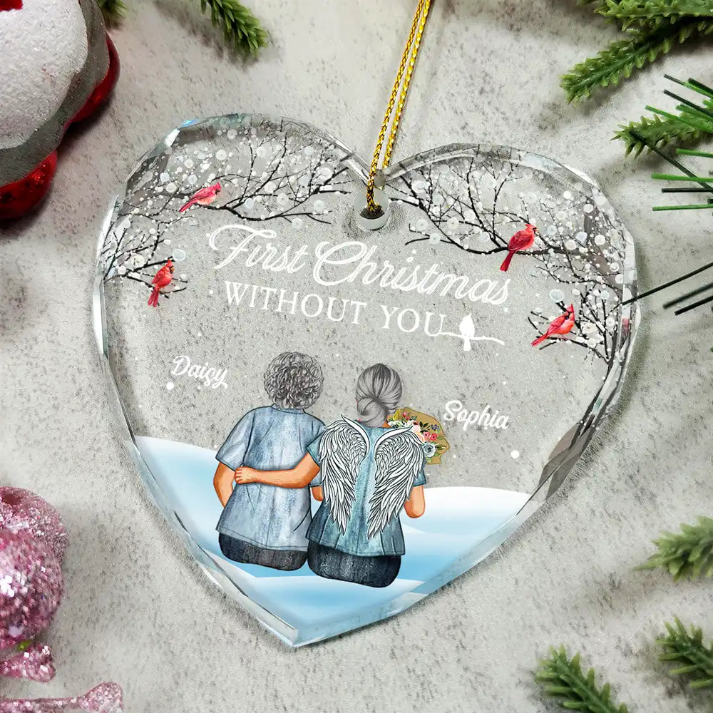 Christmas,Gift For Couples,Memorial,Gift For Husband,Gift For Wife,Love - Memorial First Christmas Without You - Personalized Heart Shaped Glass Ornament