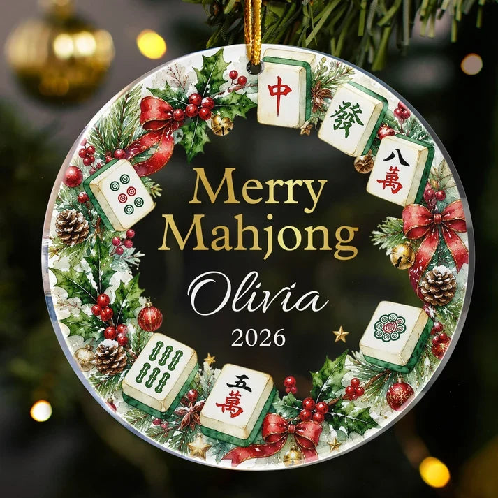 Personalized Acrylic Ornament with Merry Mahjong Wreath, Unique Christmas Gift for Mahjong Lovers