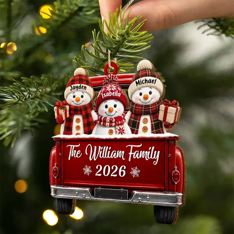 Personalized Wooden Ornament, Smiling Snowman Family in Red Pickup, Unique Holiday Gift for Family