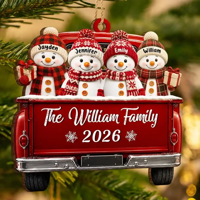 Personalized Wooden Ornament, Smiling Snowman Family in Red Pickup, Unique Holiday Gift for Family