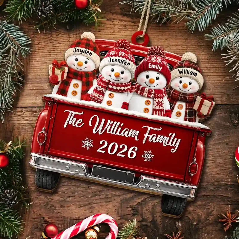 Personalized Wooden Ornament, Smiling Snowman Family in Red Pickup, Unique Holiday Gift for Family