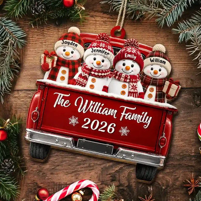 Personalized Wooden Ornament, Smiling Snowman Family in Red Pickup, Unique Holiday Gift for Family
