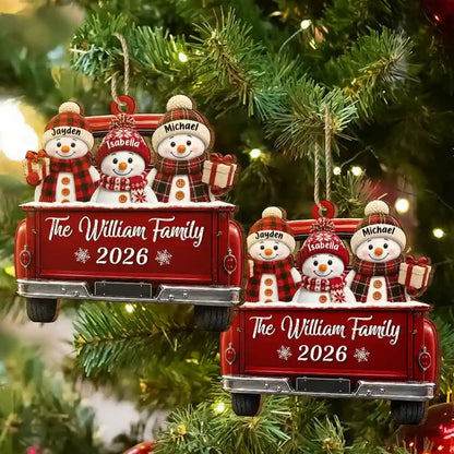 Personalized Wooden Ornament, Smiling Snowman Family in Red Pickup, Unique Holiday Gift for Family