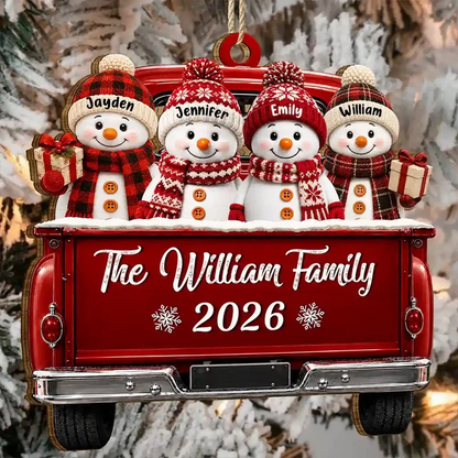 Personalized Wooden Ornament, Smiling Snowman Family in Red Pickup, Unique Holiday Gift for Family