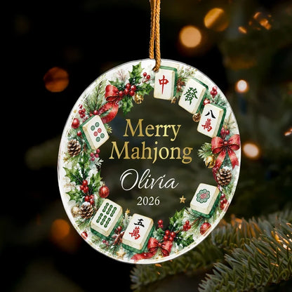 Personalized Acrylic Ornament with Merry Mahjong Wreath, Unique Christmas Gift for Mahjong Lovers