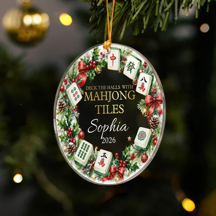 Personalized Acrylic Ornament with Merry Mahjong Wreath, Unique Christmas Gift for Mahjong Lovers