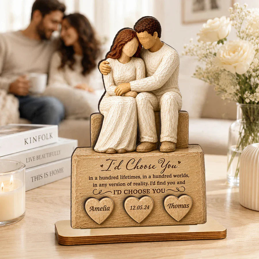 Personalized 2-Layer Wooden Plaque with Embracing Couple, I'd Choose You Quote, Unique Anniversary Gift