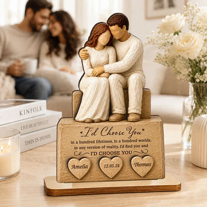 Personalized 2-Layer Wooden Plaque with Embracing Couple, I'd Choose You Quote, Unique Anniversary Gift