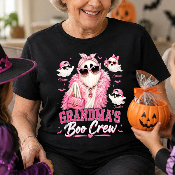Personalized Classic Tee With Glam Ghost Grandma's Boo Crew, Unique Halloween Gift for Grandma
