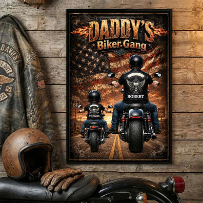 Daddy's Biker Gang Personalized Poster, Dad & Child Riding Motorcycles, Unique Father's Day Gift for Dad
